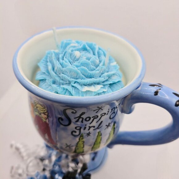 Hand-Poured Soy Candle ✦ Jennifer Brinley Shopping Girl Mug ✦ Blue Flower Topper - Picture 1 of 11